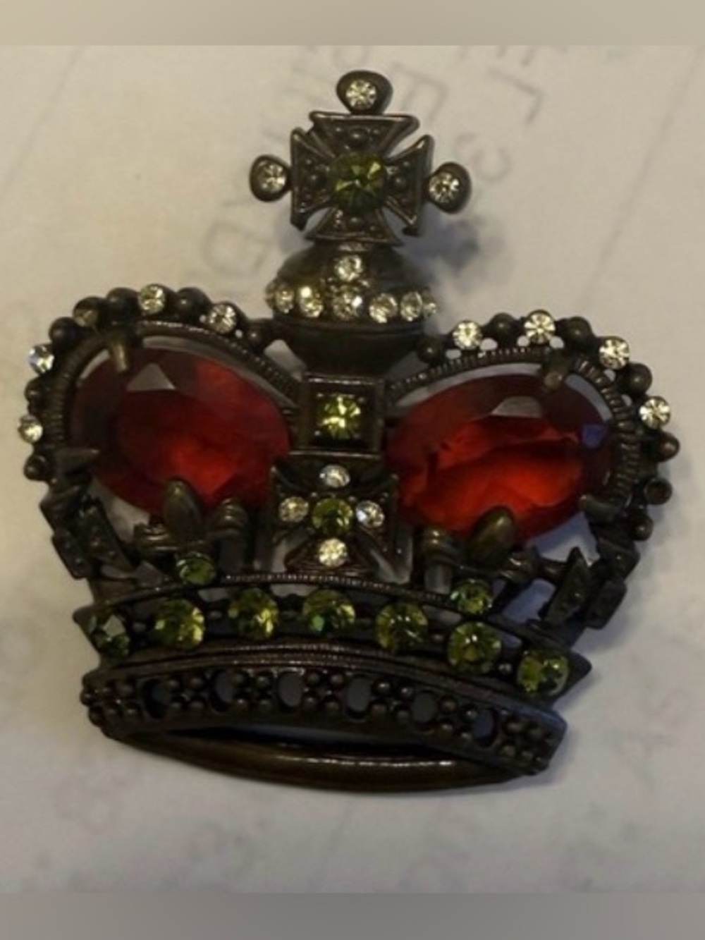 Vintage 1949 Mazer Crown Brooch with Red and Green Glass Stones, Silver Tone